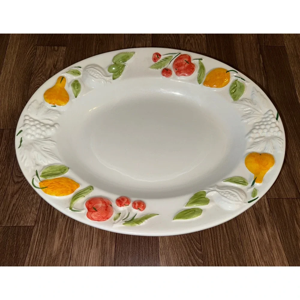 Antica Fornace Italy Embossed Fruit‎ Ceramic Oval Serving Platter White 18.5in